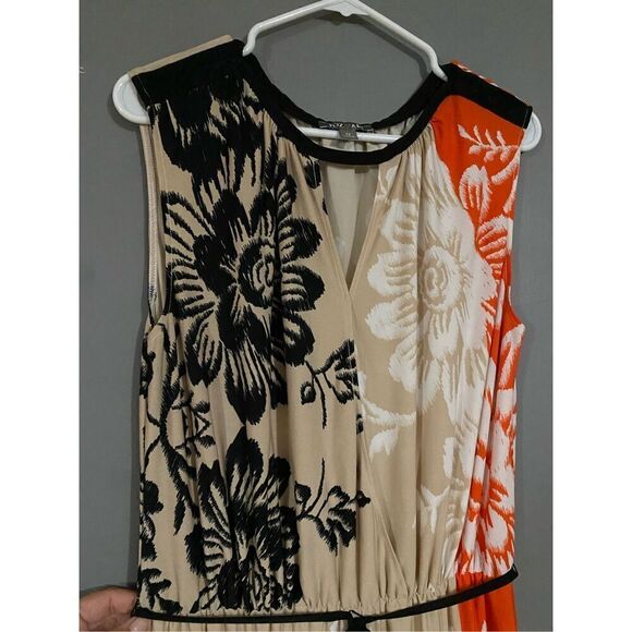 Roz & Ali Floral Black Orange Deep V Neck Tie Waist Sleeveless Dress Size 12 - Picture 3 of 7